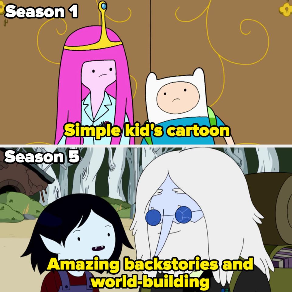 Season 1 labeled "simple kid's cartoon" and season 5 labeled "amazing backstories and world-building"