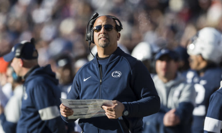 Penn State head coach James Franklin on the sideline during a game.