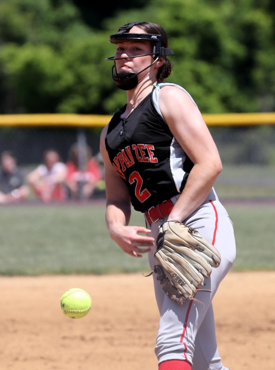 Keira Meyers of Tappan Zee pitches to Ursuline during the Section 1 Class A softball semifinal championship at North Rockland High School May 27, 2023. Ursuline defeated Tappan Zee 5-3 to win the Class A title.