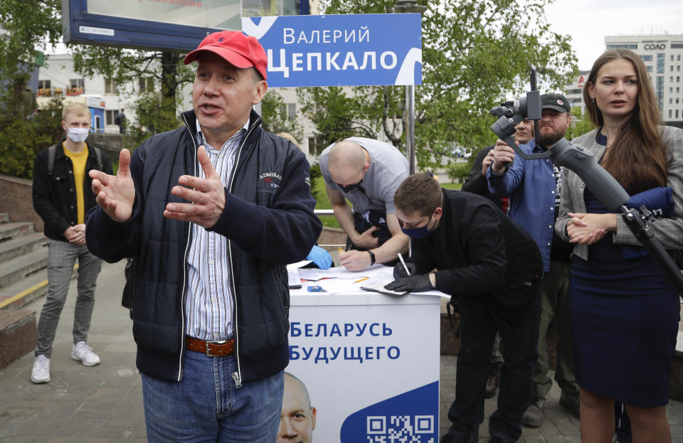 In this picture taken on Wednesday, May 26, 2020, Valery Tsepkalo, a potential candidate in the upcoming presidential election, gestures as he speaks to media in Minsk, Belarus. The central elections commission in Belarus has rejected a top challenger's bid to run against authoritarian President Alexander Lukashenko in this summer's election. Tsepkalo, a former ambassador to the United States and a founder of a successful high-technology park, submitted 160,000 signatures on petitions to get on the ballot for the Aug. 9 election, but the commission said only 75,000 were valid less than the 100,000 needed.(AP Photo/Sergei Grits)