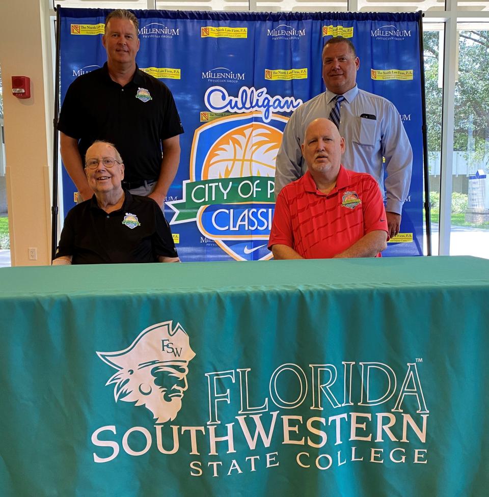 John Pollock, jeff Allbritten, John Naylor and Donnie Wilkie (top row, left-to-right, bottom row, left-to-right) pose together after announcing the five-year agreement to keep the City of Palms basketball tournament at Florida Southwestern College's Suncoast Credit Union Arena on May 26, 2022.