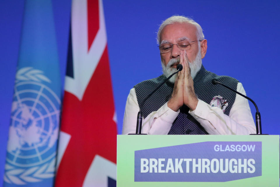 Indian Prime Minister   Narendra Modi delivers a speech during the COP26 climate talks in Glasgow, Scotland, Nov. 2, 2021. / Credit: Robert Perry/EPA/Bloomberg/Getty