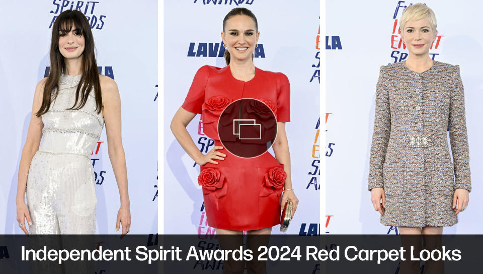 anne hathaway, natalie portman, michelle williams, independent spirit awards 2024 red carpet looks photos