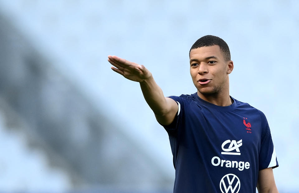 France's forward Kylian Mbappe gestures during a training session at the Stade de France stadium in Saint-Denis, north of Paris, on June 12, 2022, on the eve of the UEFA Nations League match against Croatia. (Photo by FRANCK FIFE / AFP) (Photo by FRANCK FIFE/AFP via Getty Images)