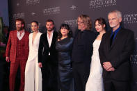 <p>L-R: Eric Johnson, Rita Ora, Jamie Dornan, EL James, Niall Leonard, Dakota Johnson, and James Foley photographed for the Fifty Shade Freed Premiere on Feb 6, 2018 in Paris, France. (Photo by Olivier VIGERIE / Contour by Getty Images) </p>