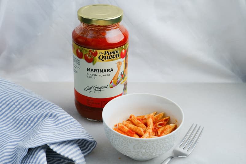 bowl of penne with Marinara Pasta Queen sauce