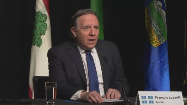 Québec Premier François Legault, chair of the Council of the Federation, speaking at a news conference on Thursday. Other premiers joined virtually. 