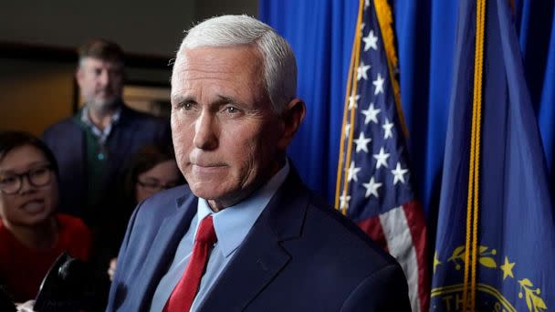 PHOTO: Former Vice President Mike Pence faces reporters after making remarks at a GOP fundraising dinner, March 16, 2023, in Keene, N.H. (Steven Senne/AP, FILE)