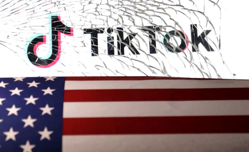Illustration shows U.S. flag, TikTok logo and broken glass