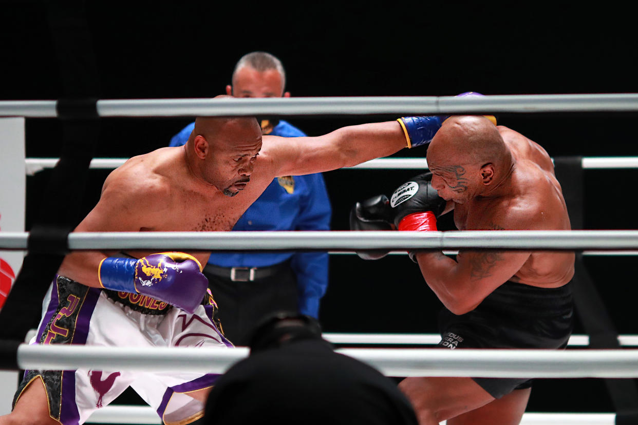 LOS ANGELES, CALIFORNIA - NOVEMBER 28: Roy Jones Jr. throws a punch in the second round against Mike Tyson during Mike Tyson vs Roy Jones Jr. presented by Triller at Staples Center on November 28, 2020 in Los Angeles, California. (Photo by Joe Scarnici/Getty Images for Triller)