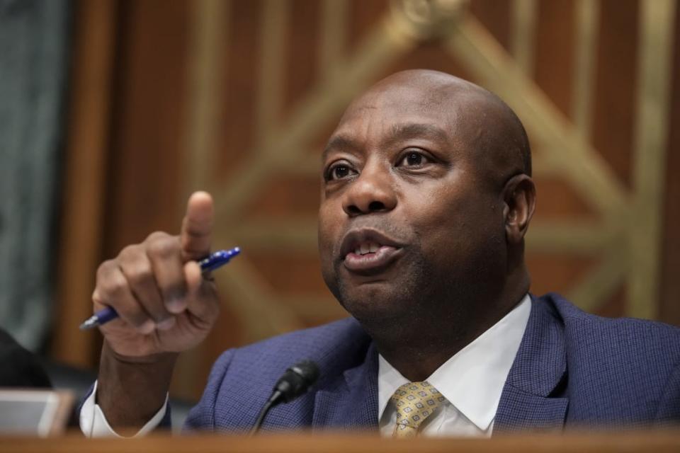 WASHINGTON, DC – APRIL 27: Committee ranking member Sen. Tim Scott (R-SC) speaks during a Senate Banking Committee hearing on oversight of credit reporting agencies, on Capitol Hill April 27, 2023 in Washington, DC. The hearing featured testimony from leaders of the three largest national credit reporting agencies. (Photo by Drew Angerer/Getty Images)