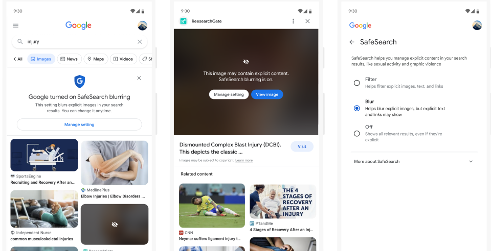 Screenshots showing the SafeSearch blur setting in Google Search. The first includes a notice that Google has enabled SafeSearch blurring. The second screenshot shows an image that has been blurred with an option to view the image. The last screenshot shows the setting allowing users to turn SafeSearch blur off.
