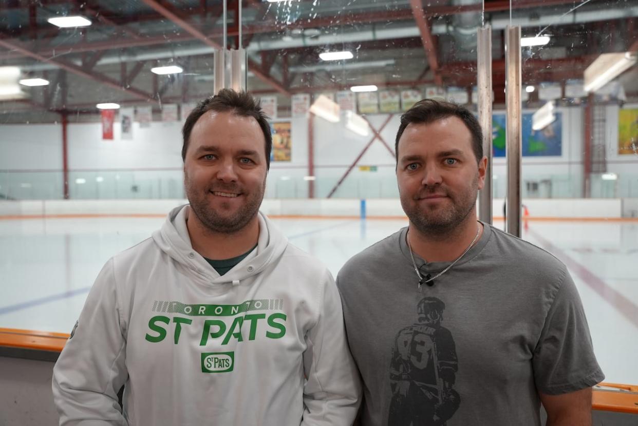 Ryley Nadon, left, and his brother Drew have played hockey for the Port aux Basques Mariners since 2017. The team was left out of the new Central-West Senior Hockey League and currently isn't playing. (Alex Kennedy/CBC - image credit)