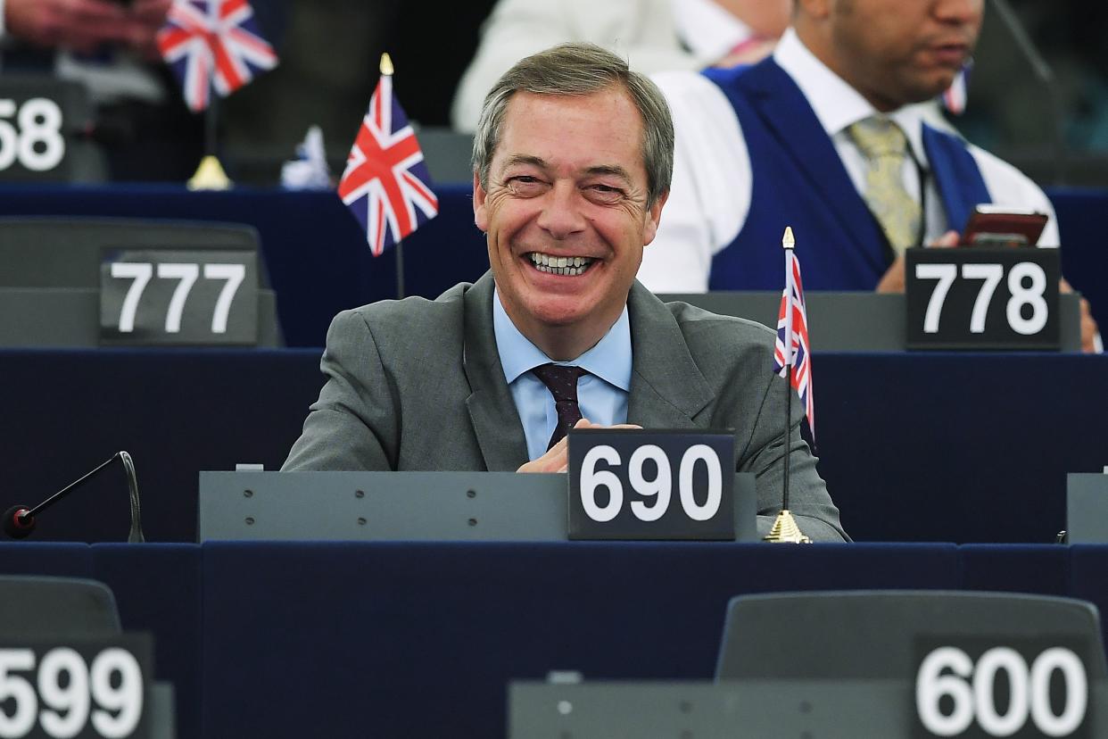 Former UK Independence Party (UKIP) leader, Brexit campaigner and member of the European Parliament Nigel Farage smiles as he attends a debate on the conclusions of the European Council meeting of June 20-21 during a plenary session at the European Parliament on July 04, 2019 in Strasbourg, eastern France. (Photo by FREDERICK FLORIN / AFP)        (Photo credit should read FREDERICK FLORIN/AFP/Getty Images)