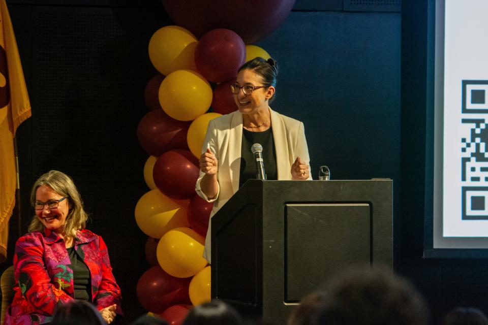 Alicia Skupin, chief magistrate of Chandler Superior Court, gives a speech at ASU's Hispanic Mothers and Daughters Program graduation on May 13, 2024, in Tempe.