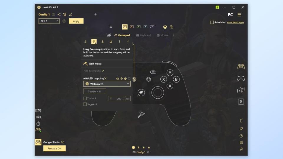 Using reWASD to map PC commands to unused buttons on the Google Stadia controller