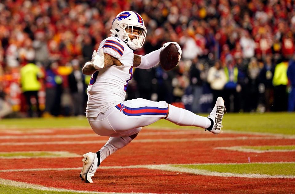 Gabriel Davis celebrating one of his four TD receptions last January in Kansas City.