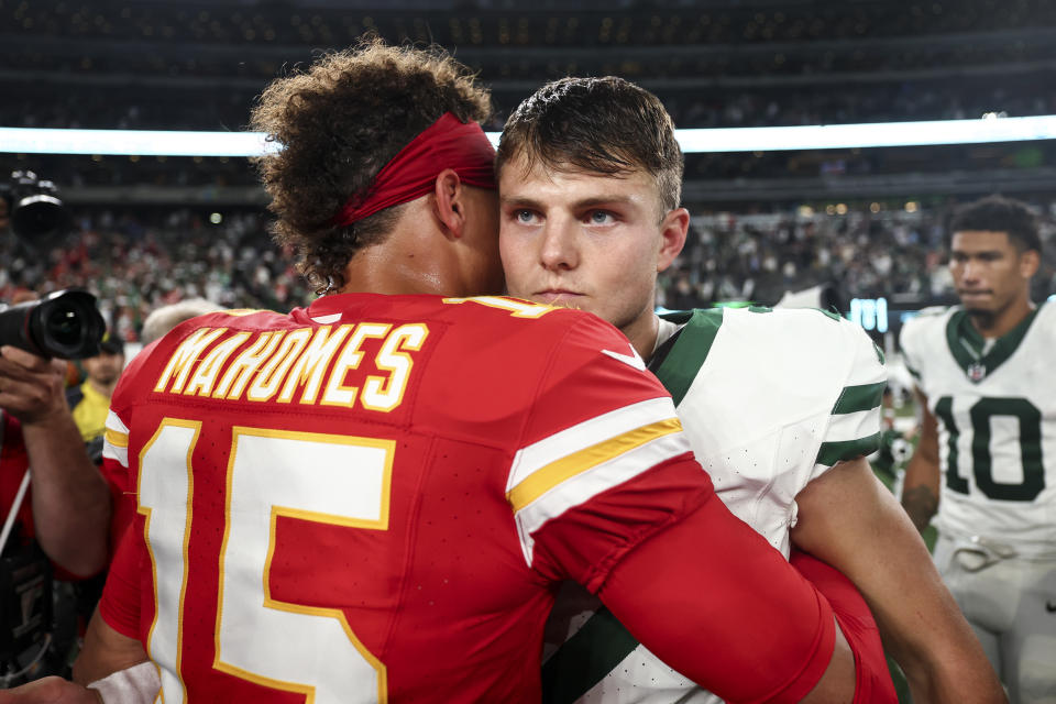 Zach Wilson was in no mood to celebrate after losing to Patrick Mahomes and the Chiefs, but he gave the Jets plenty of reason to be encouraged by the night. (Photo by Kevin Sabitus/Getty Images)