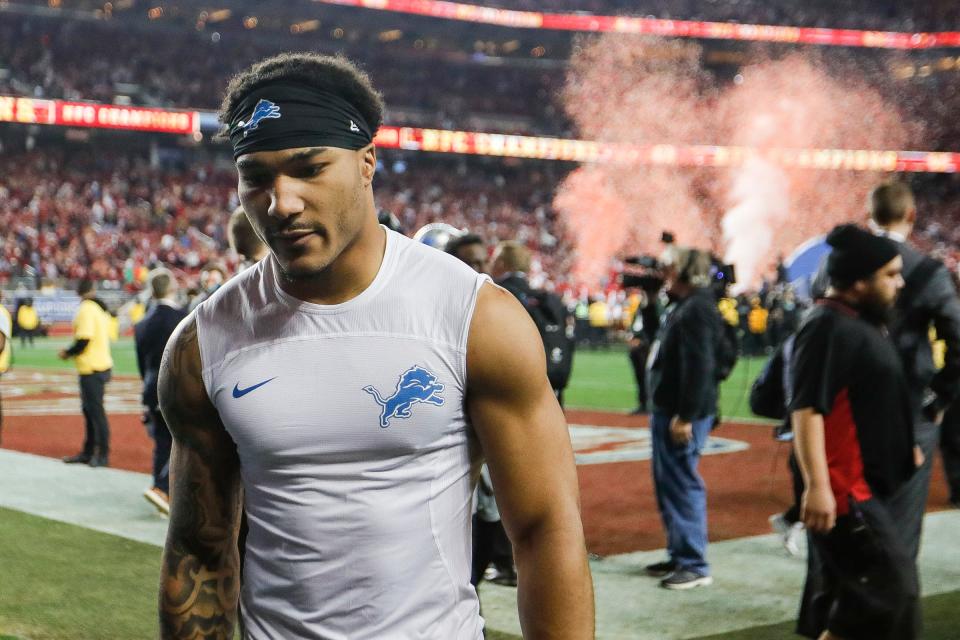 Lions safety Brian Branch walks off the field after the 34-31 loss to the 49ers in the NFC championship game in Santa Clara, California, on Sunday, Jan. 28, 2024.