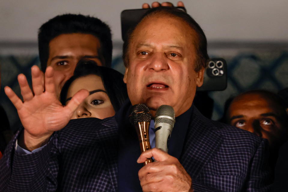 Former Prime Minister of Pakistan Nawaz Sharif speaks at the party office of Pakistan Muslim League (N), at Model Town in Lahore, Pakistan, February 9, 2024. REUTERS/Navesh Chitrakar