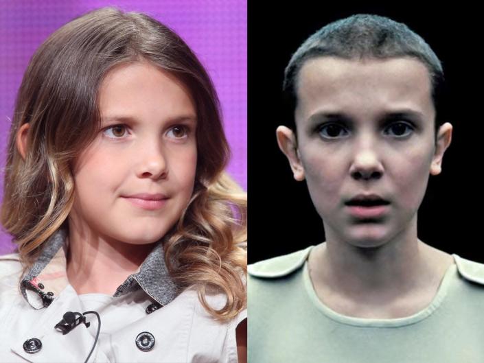 A side by side image of actress Millie Bobby Brown in 2014 and in the first season of &quot;Stranger Things&quot; (2016) — she is a young white woman with brown hair.
