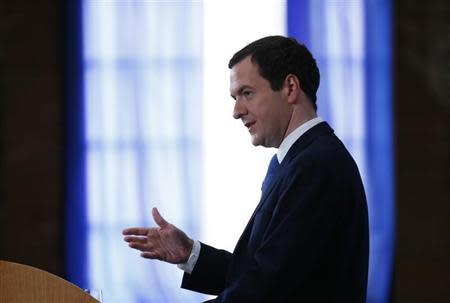 Britain's Chancellor of the Exchequer George Osborne gives a speech about changes to the tax and benefits regime at the old passenger terminal in Tilbury Docks, east of London March 31, 2014. REUTERS/Andrew Winning