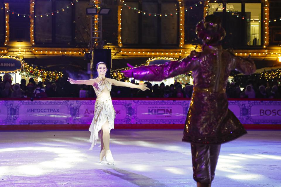 Kamila Valieva, a figure skater of the Russian Olympic Committee performs on the ice rink opened on Red Square in Moscow, Russia, Monday, Nov. 28, 2022. Moscow temperatures on Monday dropped to - 5 C ( 23 F). (AP Photo)