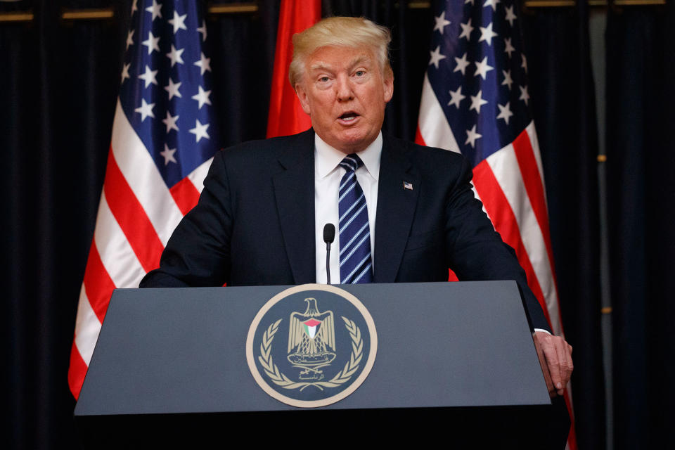 <p>President Donald Trump makes a statement on the terrorist attack in Manchester after a meeting with Palestinian President Mahmoud Abbas, Tuesday, May 23, 2017, in the West Bank City of Bethlehem. (AP Photo/Evan Vucci) </p>