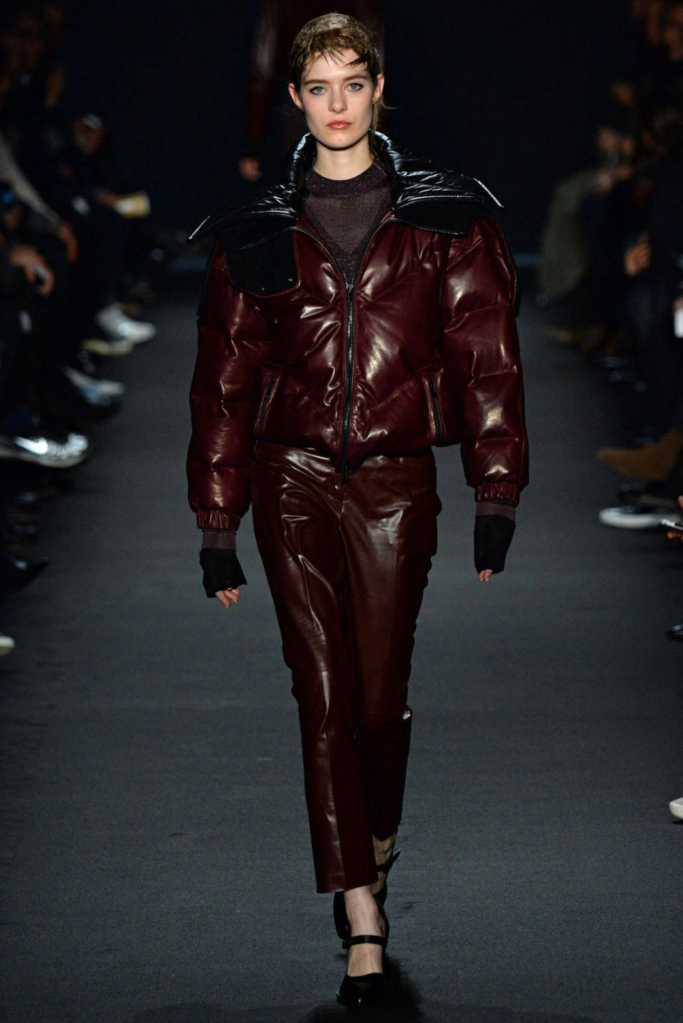 This look is biker cool meets Mars combined with sensible coat and conservative trousers.