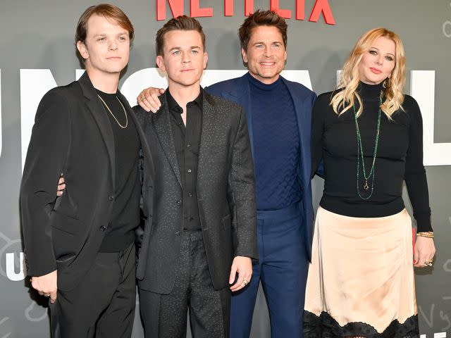 <p>Michael Buckner/Variety/Getty</p> Rob Lowe with wife Sheryl Berkoff and sons Matthew Lowe and John Lowe in 2023