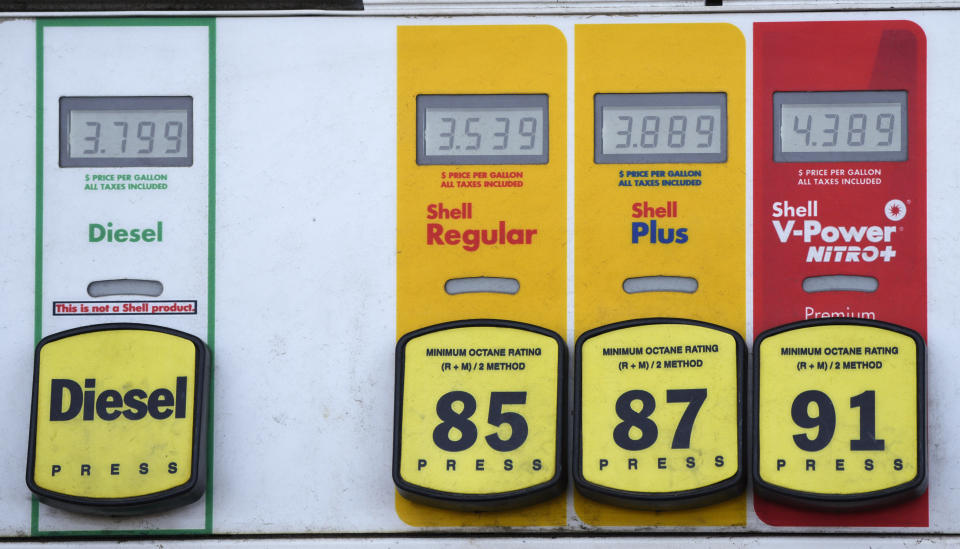 Prices and grades of gasoline are shown on a pump at a Shell gas station Friday, May 26, 2023, in Commerce City, Colo. Consumer prices in the United States cooled last month, rising just 0.1% from April to May and extending the past year's steady easing of inflation. (AP Photo/David Zalubowski)