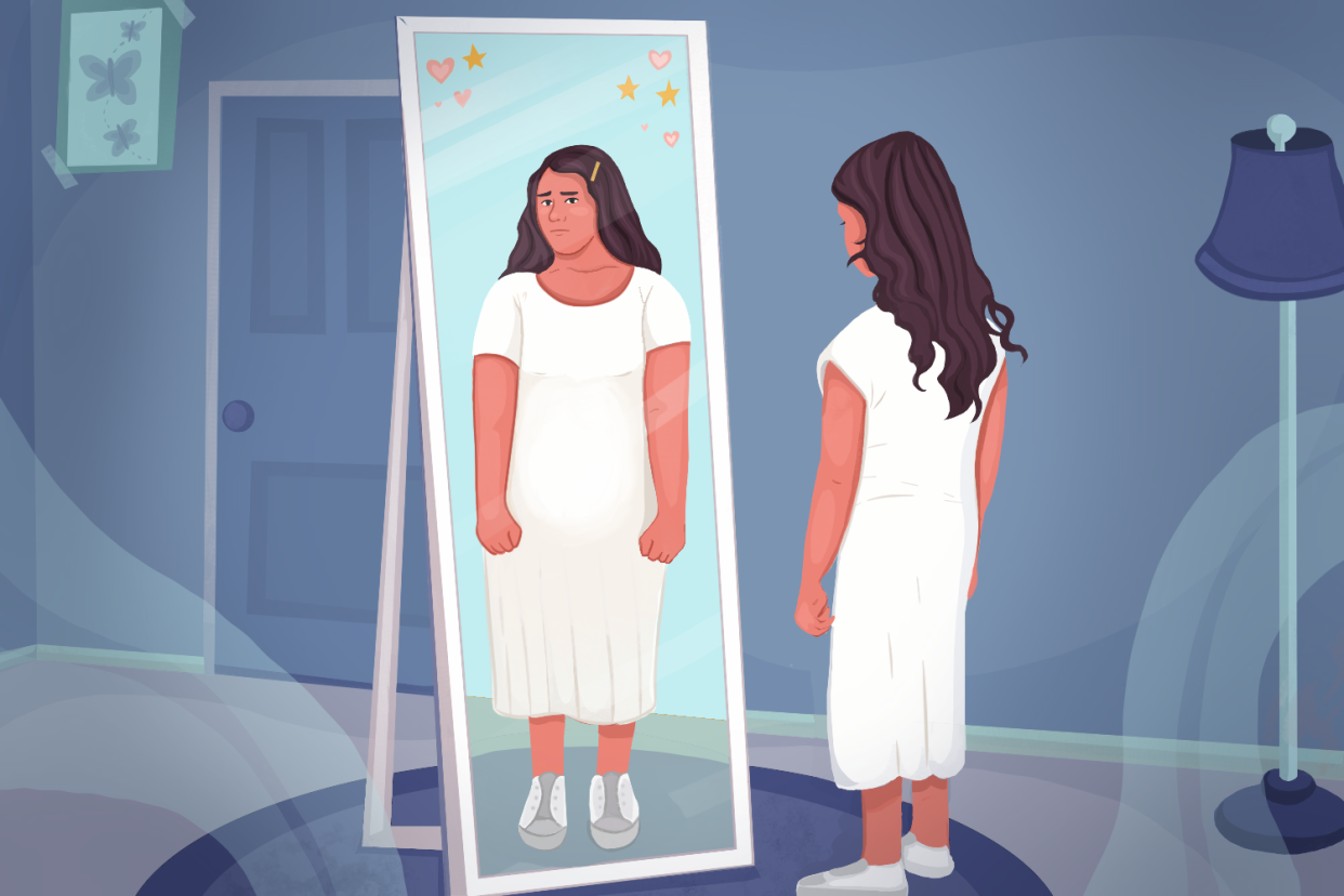 Illustration of a tween girl who looks in the mirror and sees herself as heavier than she actually is real life.