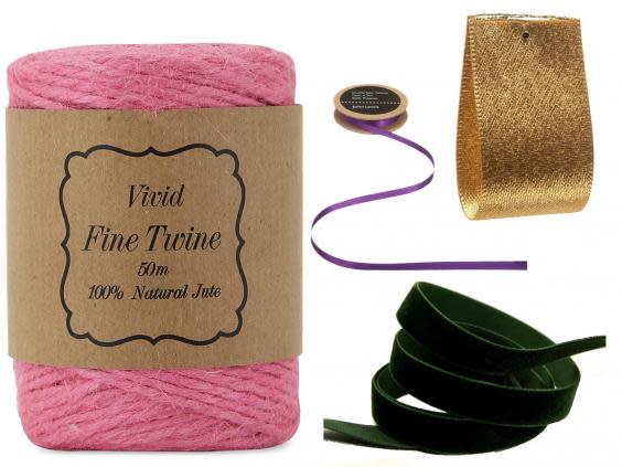 Selfridges vivid wrap, £5.95; John Lewis & Partners double satin ribbon, £2; Minerva Crafts velvet ribbon, £4.99; V V Rouleaux Arabian sandstorm glitter satin ribbon, £1.25 per metre.