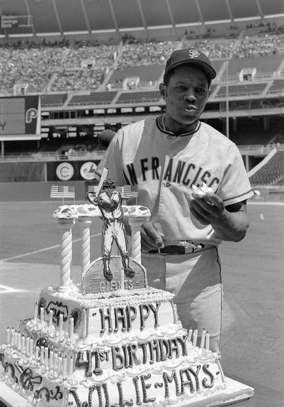 Mays celebrates his 41st birthday in with a cake presented by the Phillies in 1972.