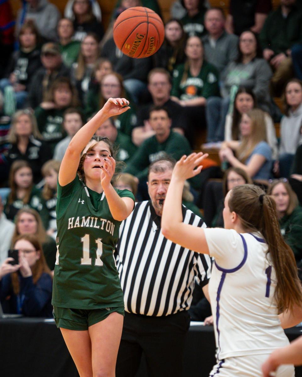 Hamilton's Logan Langel passes the ball against West Canada Valley during Section III's Class C champioship game inside Allyn Hall March 1.