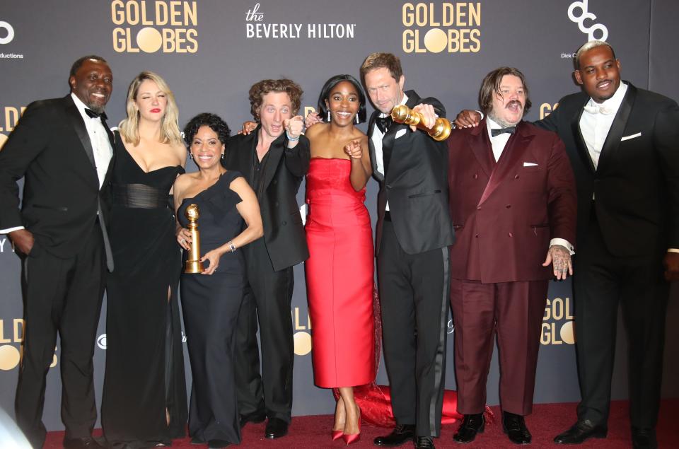 Jan 7, 2024; Beverly Hills, CA, USA; Edwin Lee Gibson, Abby Elliott, Liza Colon-Zayas, Jeremy Allen White, Ayo Edebiri, Ebon Moss-Bachrach, Matty Matheson and L-Boy, Winners of Best Television Series - Musical or Comedy for "The Bear" at the 81st Annual Golden Globe Awards at the Beverly Hilton Hotel in Beverly Hills, Calif.. Mandatory Credit: Dan MacMedan-USA TODAY ORG XMIT: USAT-745730 ORIG FILE ID: 20240107_tdc_ft2_0603.JPG