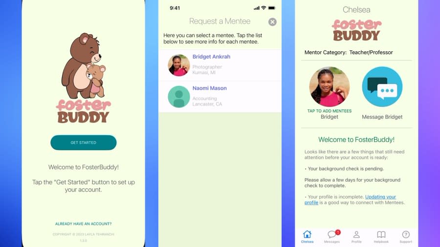 Screenshots from the FosterBuddy app show the app splash screen and the mentor interface. (FosterBuddy)