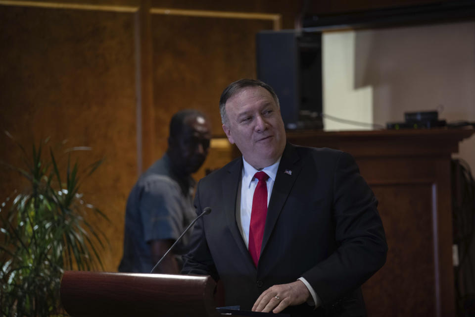 U.S. Secretary of State Mike Pompeo speaks during a joint press conference with Ethiopian Foreign Minister Gedu Andargachew at the Sheraton Hotel, in Addis Ababa, Ethiopia, Tuesday Feb. 18, 2020. America’s top diplomat in his final Africa stop has discussed political reforms with Ethiopia’s Nobel Peace Prize-winning prime minister, and Ethiopia says the U.S. plans to provide “substantial financial support.” (AP Photo/ Mulugeta Ayene)