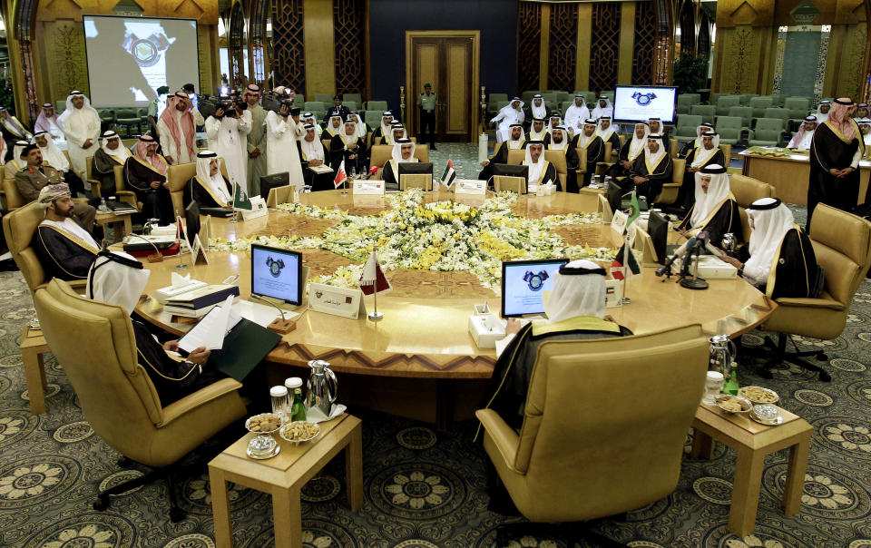 FILE - This Wednesday, May 2, 2012 file photo, shows a general view of the Interior ministers of the Gulf Cooperation Council (GCC) during their meeting in Riyadh, Saudi Arabia. Saudi Arabia, the United Arab Emirates and Bahrain said Wednesday, March 5, 2014 that they have recalled their ambassadors from the Gulf nation of Qatar over its alleged breach of a regional security deal in the clearest sign yet of the rift among Gulf Arab countries over Islamists in the region. Tensions have been brewing between Gulf countries and Qatar since Egyptians ousted President Hosni Mubarak and Qatar’s massive financial and public support for his successor, Islamist President Mohammed Morsi, stood at odds with the UAE and Saudi Arabia’s policies. (AP Photo/Hassan Ammar, File)