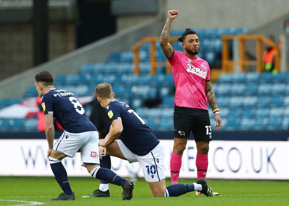 Colin Kazim-Richards of Derby County raises his right fist (Getty Images)