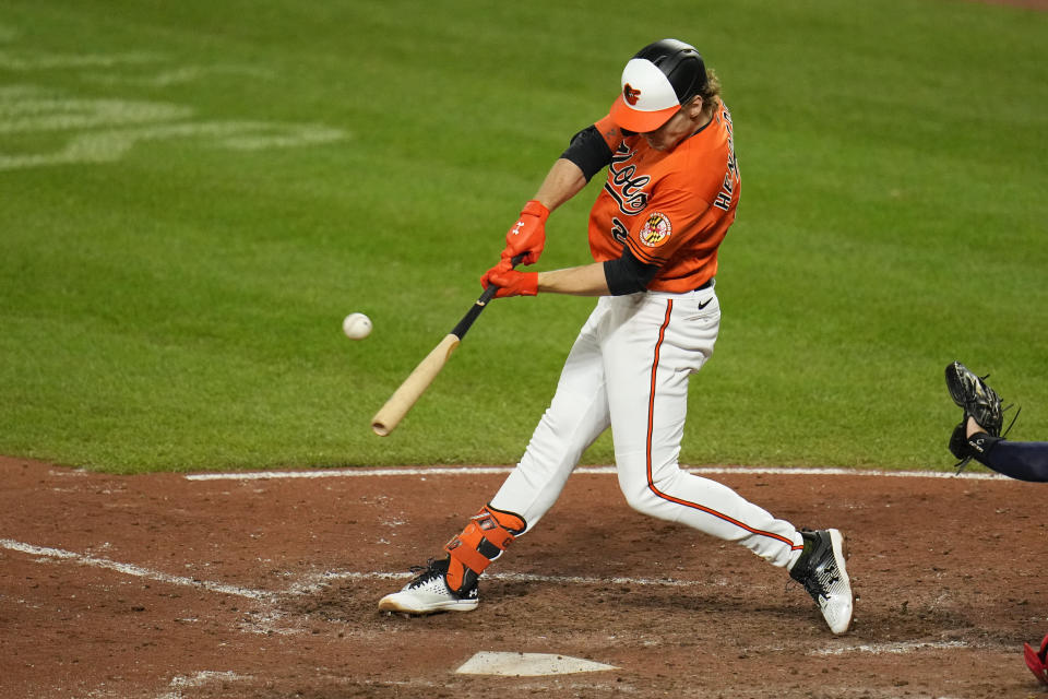 Baltimore Orioles' Gunnar Henderson swings at a pitch from the Boston Red Sox during the sixth inning of a baseball game, Saturday, Sept. 30, 2023, in Baltimore. The Orioles won 5-2. (AP Photo/Julio Cortez)