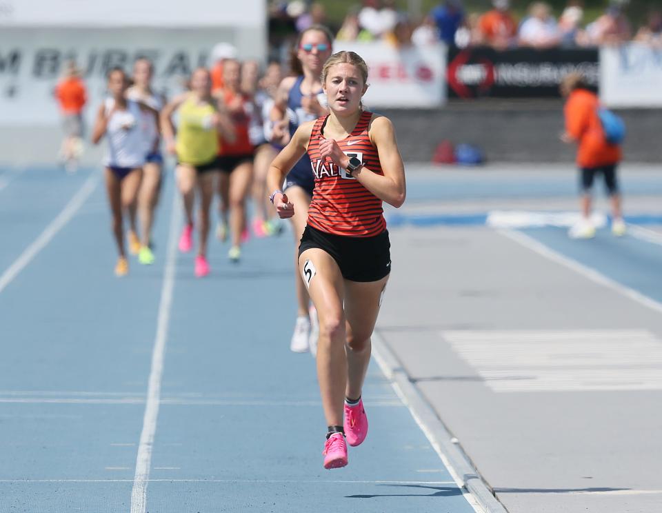 West Des Moines Valley's Addison Dorenkamp leads the 4A girls 1,500-meter run at the state track meet May 20, 2023, in Des Moines.