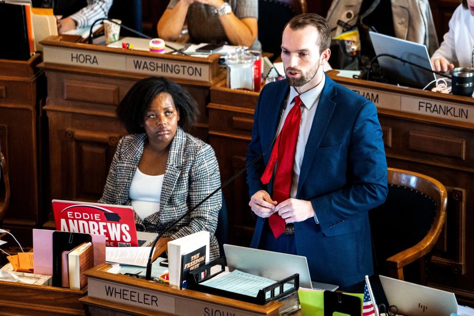 State Rep. Skyler Wheeler, R-Hull, speaks during debate of HF 2612 at the Iowa State Capitol on Thursday, Feb. 29, 2024, in Des Moines.