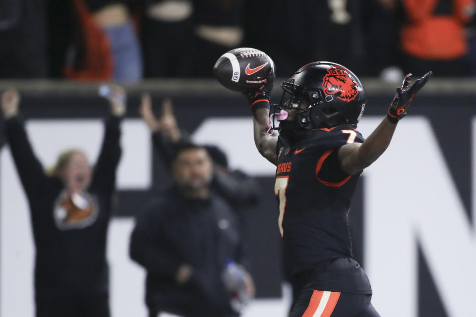 Oregon State wide receiver Silas Bolden (7) celebrates after scoring a touchdown against UCLA during the second half of an NCAA college football game Saturday, Oct. 14, 2023, in Corvallis, Ore. (AP Photo/Amanda Loman)