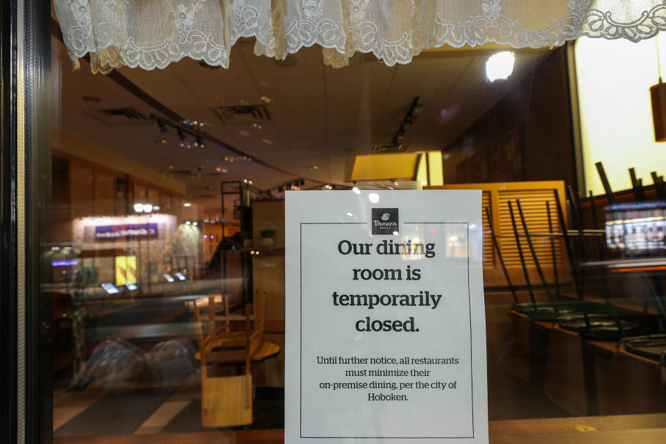 NEW JERSEY, USA - MARCH 16: Bars and restaurants are closed that on the Hobokenâs busy street in New Jersey, United States on March 16, 2020. New Jersey residents were told on Monday that they should not go out from 8 p.m. to 5 a.m. as Gov. Phil Murphy recommended a statewide curfew as coronavirus ( Covid-19) pandemic. (Photo by Tayfun Coskun/Anadolu Agency via Getty Images)