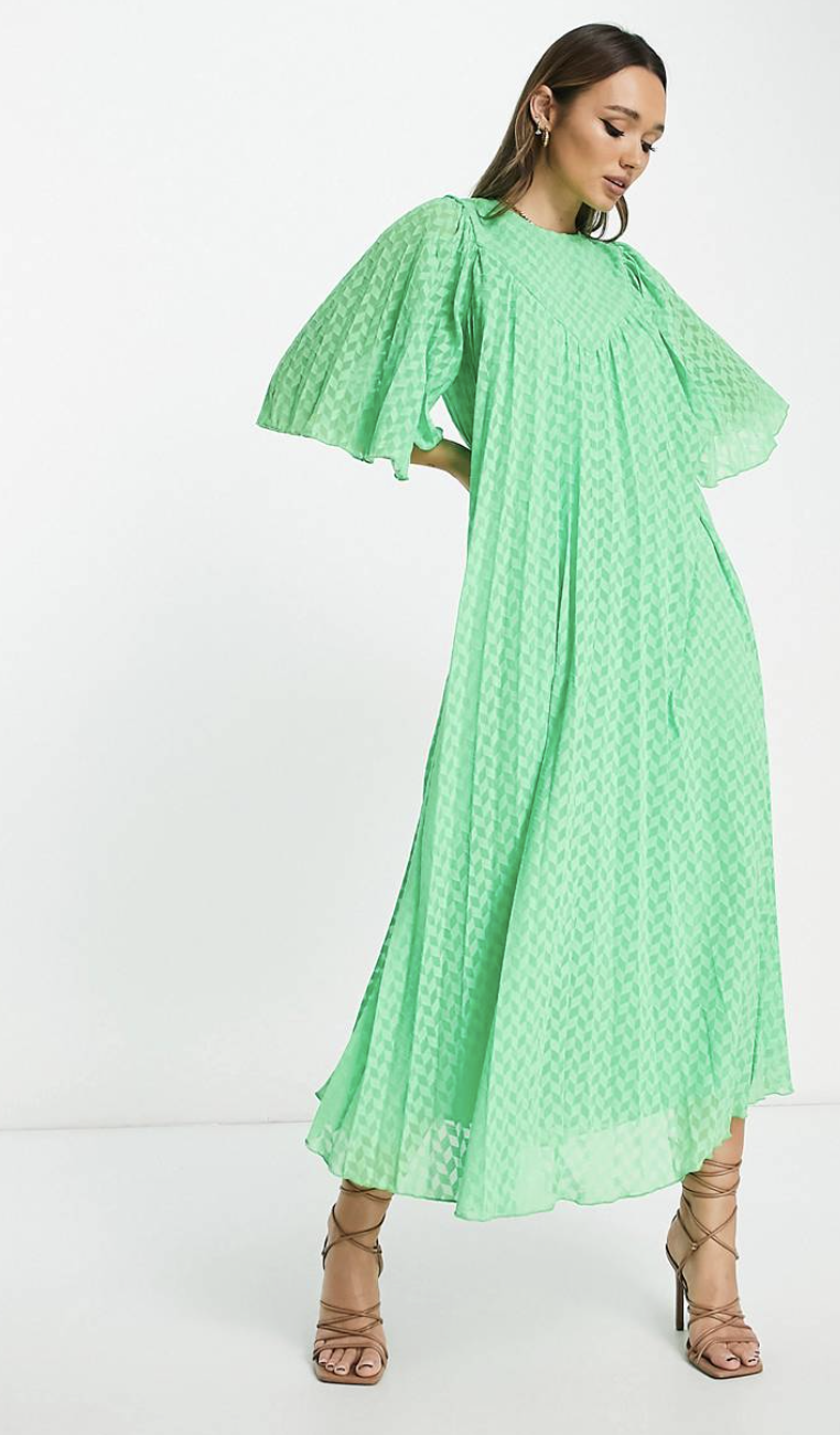 model wearing green ASOS DESIGN Textured Pleated Midi Dress (photo via ASOS)