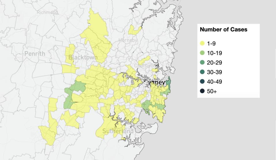 A map showing the distribution of Covid cases across Sydney.