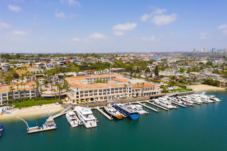 An aerial view of the Balboa Bay Resort in Newport Beach, California