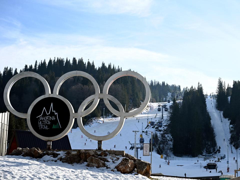 Olympic rings adorn ski slopes at Mount Jahorina, used as one of Alpine skiing Olympic venues during Sarajevo's XIV Winter Olympics in 1984, south of Sarajevo, on February 6, 2024