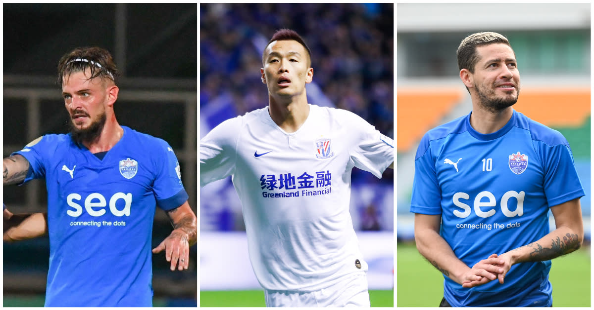 Lion City Sailors players (from left) Maxime Lestienne, Kim Shin-wook and Diego Lopes were each fined $500 for refusing to shake their opponents' hands. (PHOTOS: Lion City Sailors/SPL/FAS)